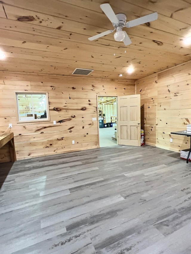 spare room with hardwood / wood-style floors, ceiling fan, wooden ceiling, and wooden walls