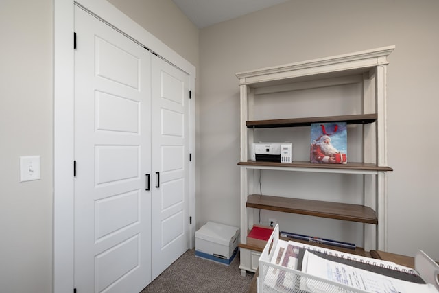 bedroom featuring a closet and dark colored carpet