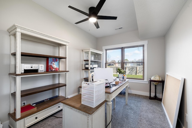 office featuring carpet flooring and ceiling fan