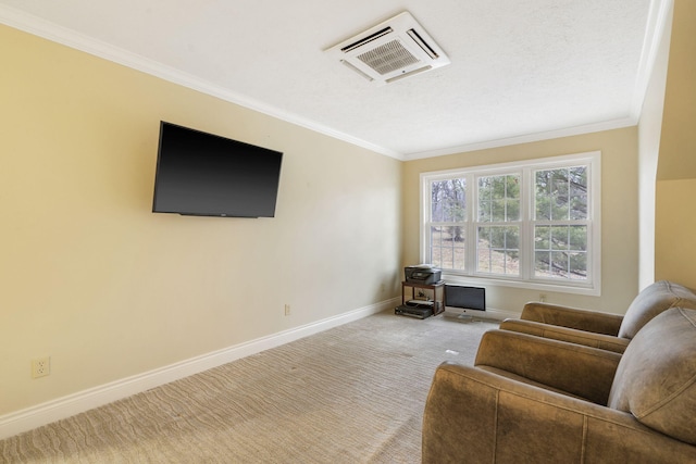 carpeted living room featuring ornamental molding