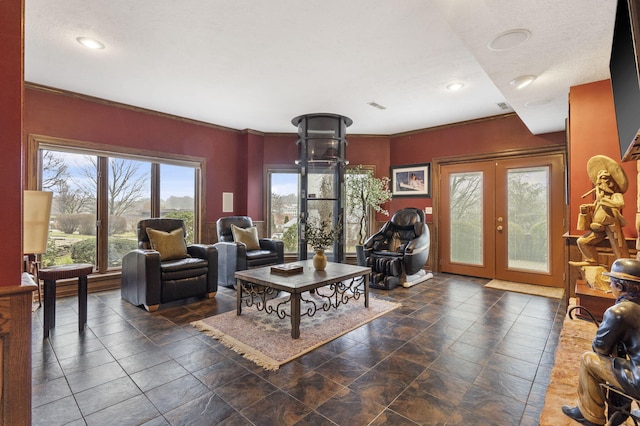 living room featuring ornamental molding and french doors