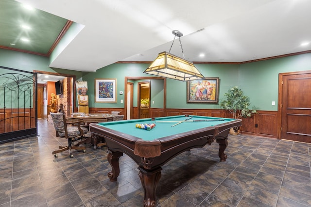 game room featuring ornamental molding and pool table