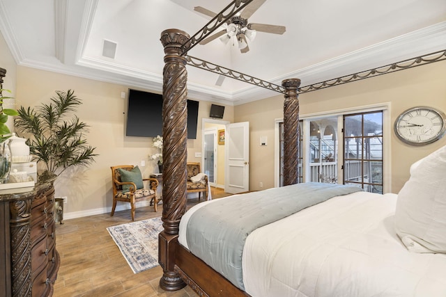 bedroom featuring access to outside, ceiling fan, ornamental molding, and hardwood / wood-style flooring