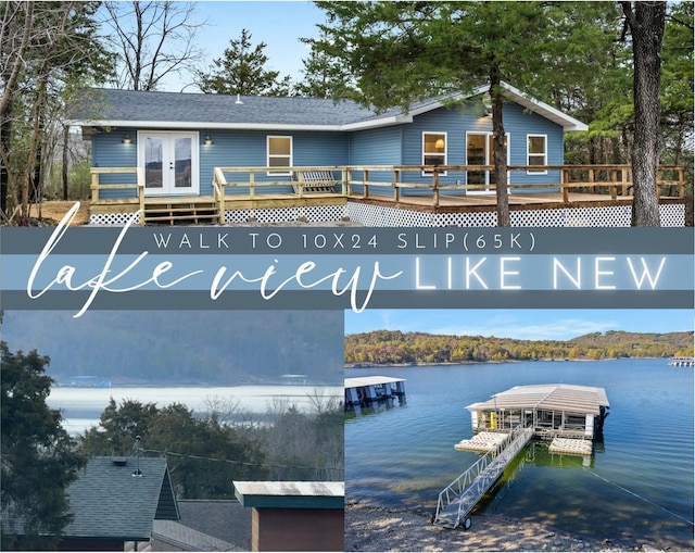 exterior space featuring a deck with water view