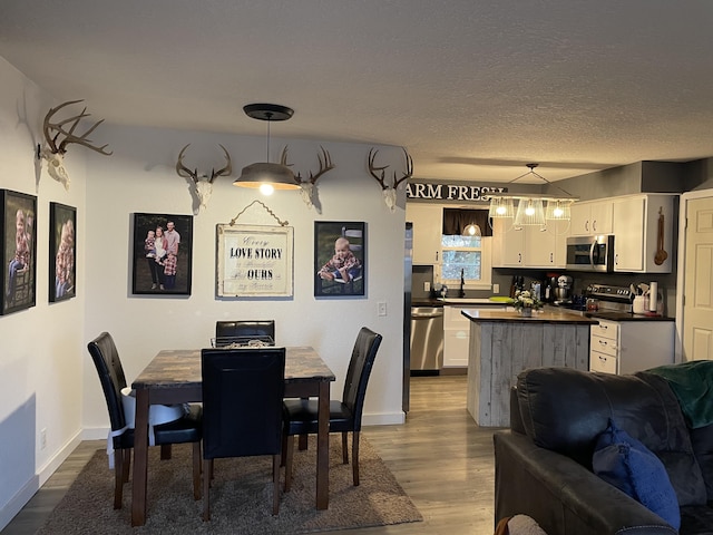 dining room featuring sink, hardwood / wood-style floors, and a textured ceiling