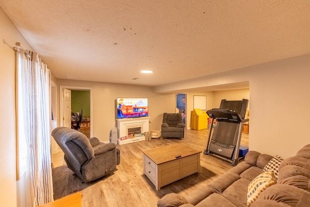 living room featuring a textured ceiling and light hardwood / wood-style flooring