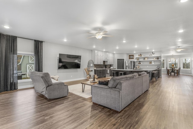 1369 E 398th Rd, Bolivar, MO 65613 - living area with ceiling fan, dark wood-type flooring, and recessed lighting