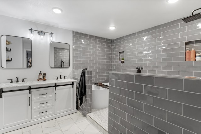 1369 E 398th Rd, Bolivar, MO 65613 - full bathroom with double vanity, marble look tile flooring, walk in shower, tile walls, and a soaking tub