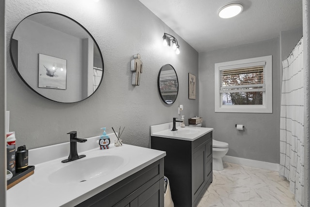 1369 E 398th Rd, Bolivar, MO 65613 - full bathroom featuring marble look tiles, two vanities, and a shower with shower curtain