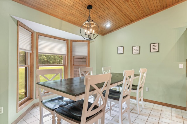 dining space with a notable chandelier, light tile patterned flooring, wood ceiling, and crown molding