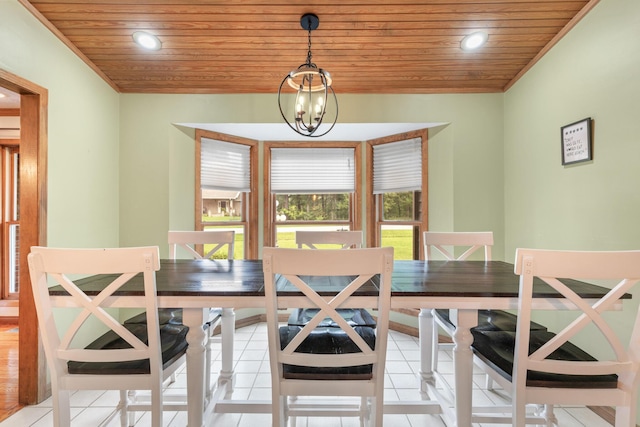 dining room with a chandelier, crown molding, wooden ceiling, and light tile patterned flooring