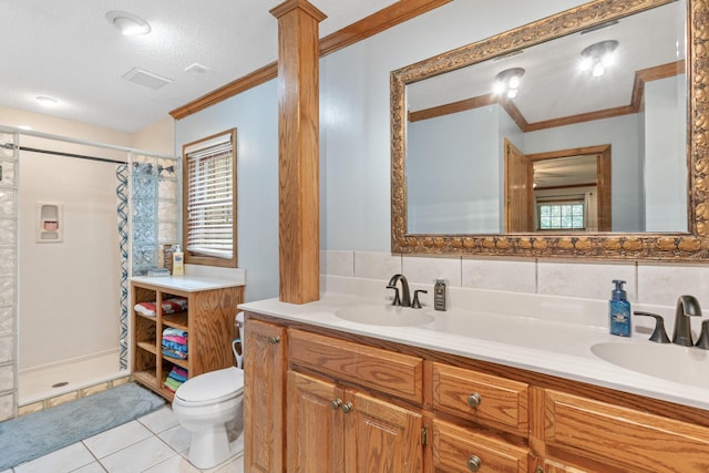 bathroom with tile patterned floors, walk in shower, vanity, crown molding, and toilet