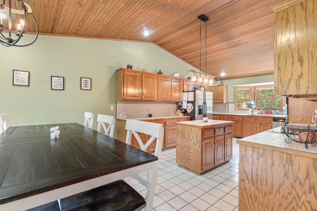 kitchen featuring wooden ceiling, decorative backsplash, appliances with stainless steel finishes, decorative light fixtures, and a kitchen island