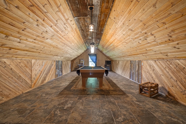 rec room with wood walls, wood ceiling, pool table, and vaulted ceiling