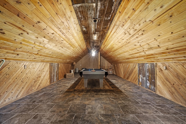 playroom with wooden walls, wood ceiling, lofted ceiling, and billiards