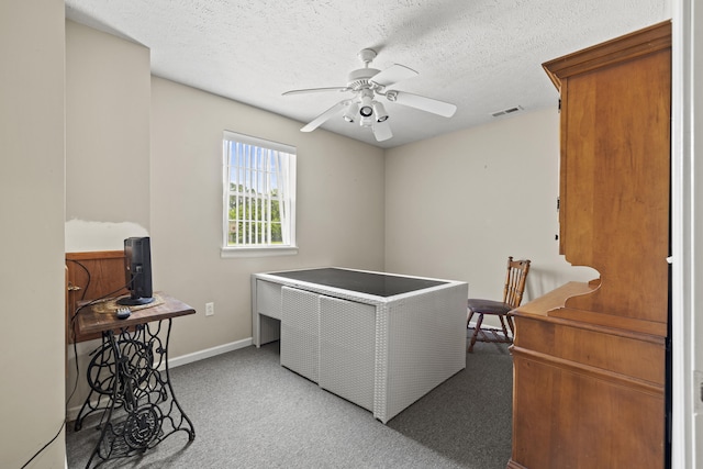 washroom with a textured ceiling, ceiling fan, and light carpet