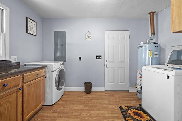 washroom with cabinets, electric panel, a textured ceiling, water heater, and light hardwood / wood-style floors