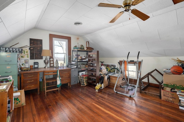 office area with dark hardwood / wood-style floors, ceiling fan, and lofted ceiling