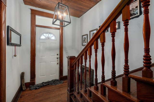 entryway with wood ceiling and wood-type flooring