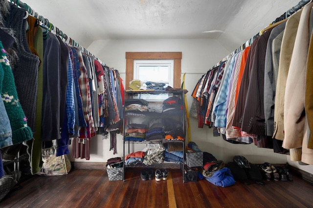 spacious closet with hardwood / wood-style floors and lofted ceiling