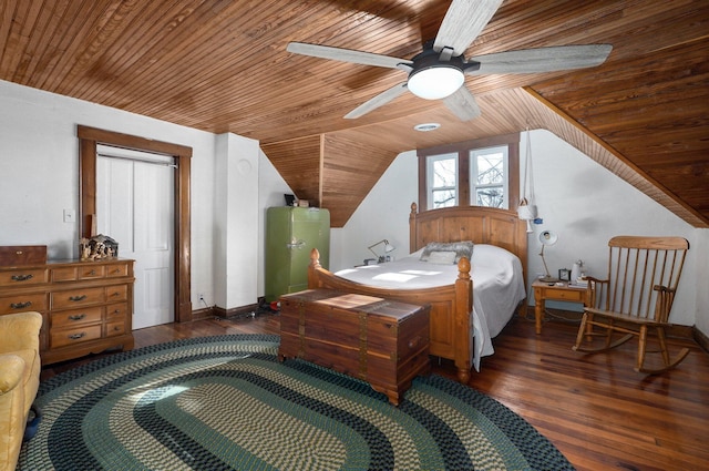 bedroom featuring dark wood-type flooring, vaulted ceiling, ceiling fan, and wooden ceiling