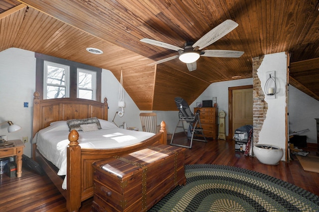 bedroom with ceiling fan, dark hardwood / wood-style flooring, wooden ceiling, and lofted ceiling