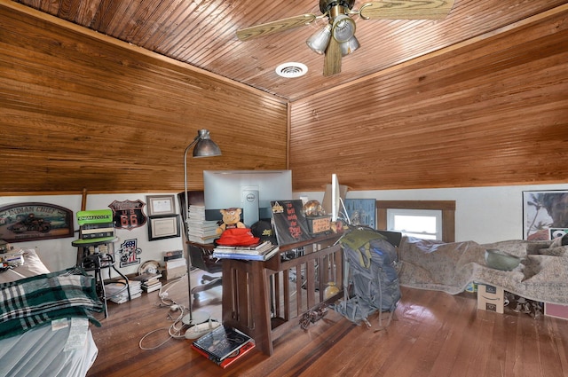 office area with hardwood / wood-style floors, lofted ceiling, ceiling fan, and wood ceiling