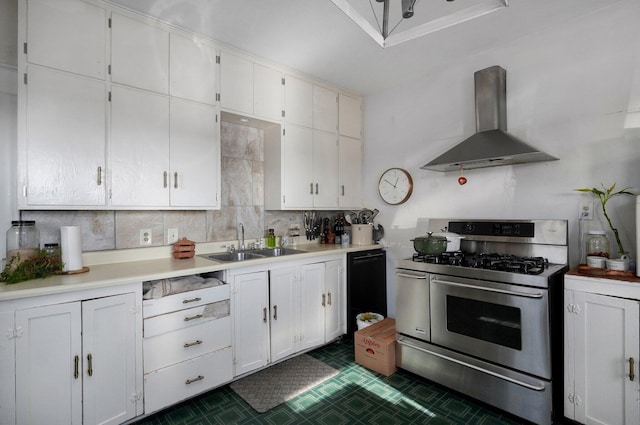 kitchen featuring stainless steel gas range oven, sink, wall chimney range hood, white cabinets, and black dishwasher