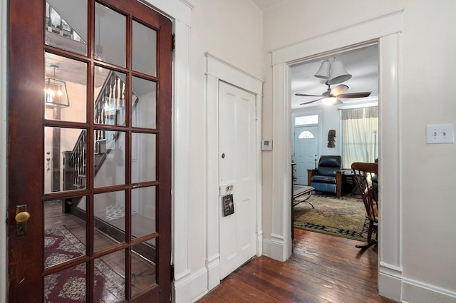 foyer featuring ceiling fan and dark wood-type flooring