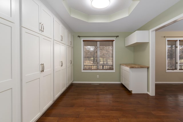 1012 W Monarch Dr, Nixa, MO 65714 - unfurnished dining area with a tray ceiling and dark wood-style floors