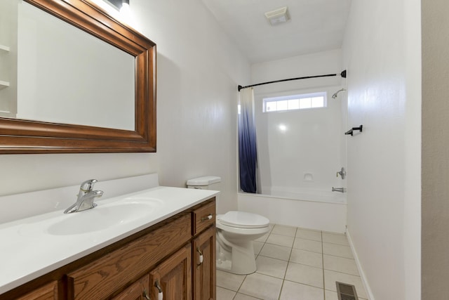 full bathroom featuring vanity, tile patterned flooring, shower / bathtub combination with curtain, and toilet