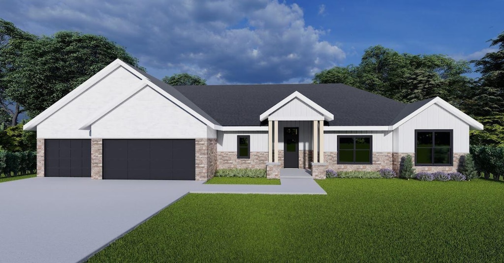 1995 E Will St, Republic, MO 65738 - modern farmhouse style home with a garage, concrete driveway, a front yard, stone siding, and board and batten siding