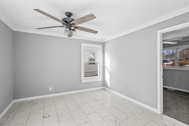 unfurnished room featuring ornamental molding and ceiling fan