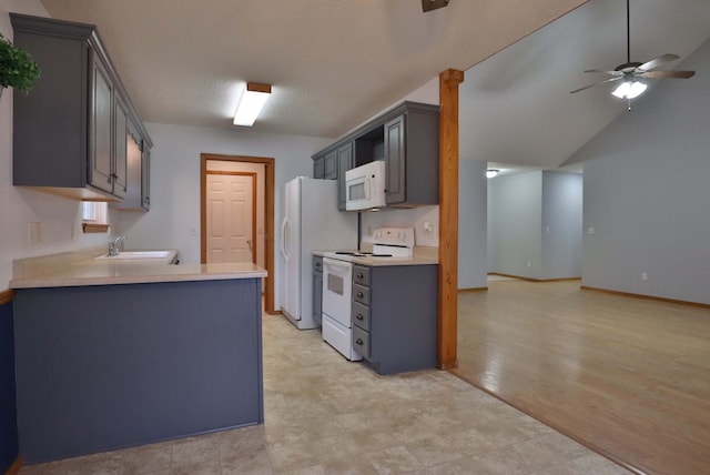 kitchen with white appliances, sink, light hardwood / wood-style flooring, ceiling fan, and gray cabinets