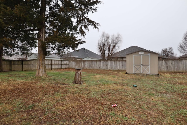 view of yard featuring a storage shed