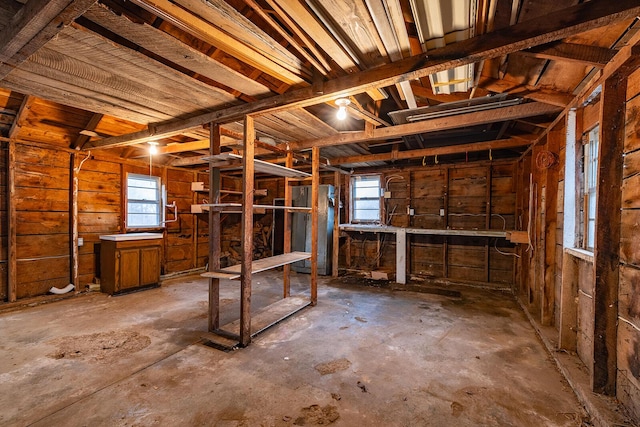 basement featuring stainless steel fridge and wood walls