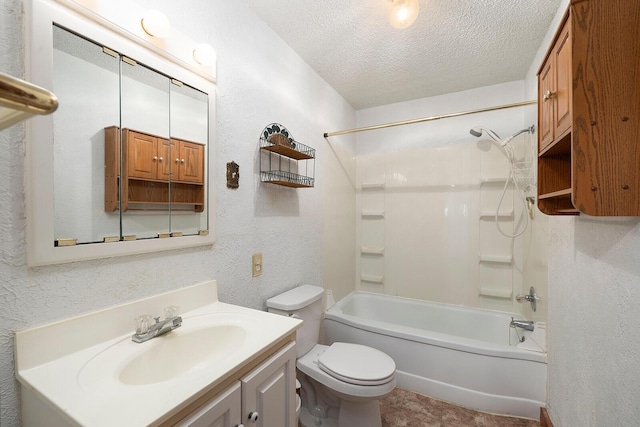 full bathroom with toilet, a textured ceiling, vanity, and bathing tub / shower combination