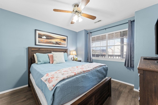 bedroom with ceiling fan and dark hardwood / wood-style floors