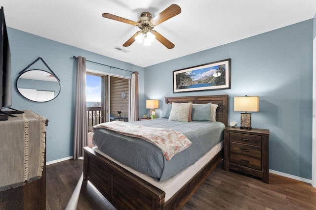 bedroom featuring ceiling fan, dark hardwood / wood-style flooring, and access to outside