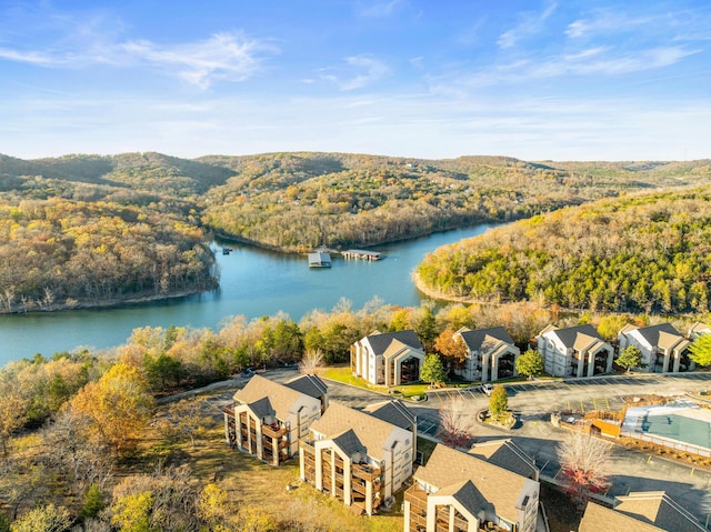 drone / aerial view with a water view