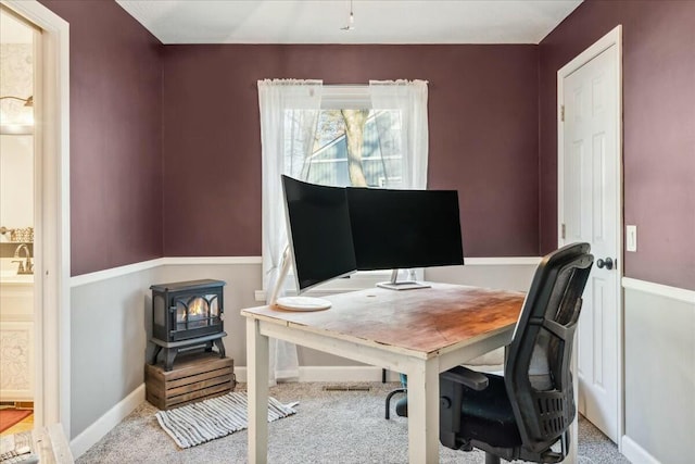 carpeted office space with sink