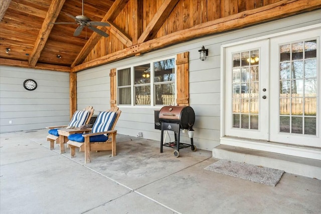 view of patio featuring a grill, ceiling fan, and french doors