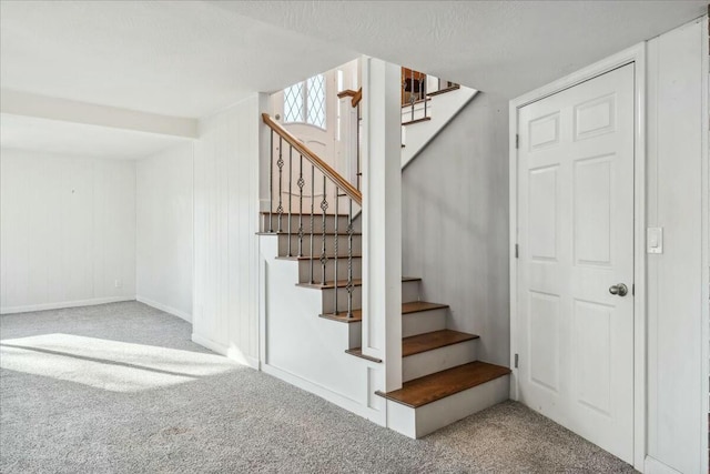 stairway featuring carpet