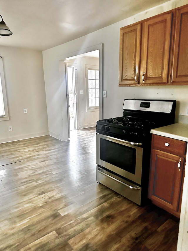 kitchen featuring hardwood / wood-style floors and stainless steel gas range