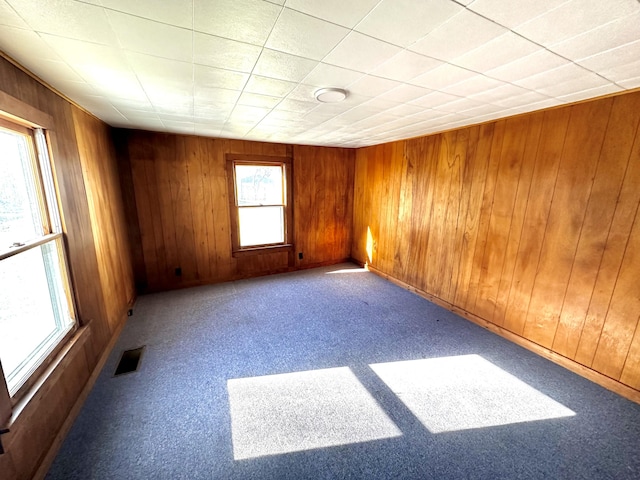 empty room with wood walls and light colored carpet