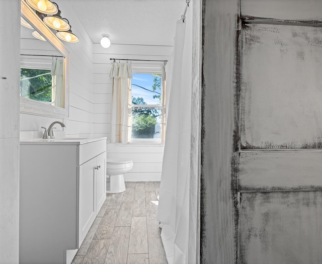 bathroom featuring a textured ceiling, vanity, toilet, and wooden walls