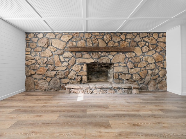 details featuring a stone fireplace and wood-type flooring