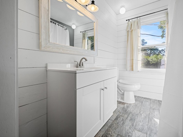 bathroom with wood walls, vanity, and toilet