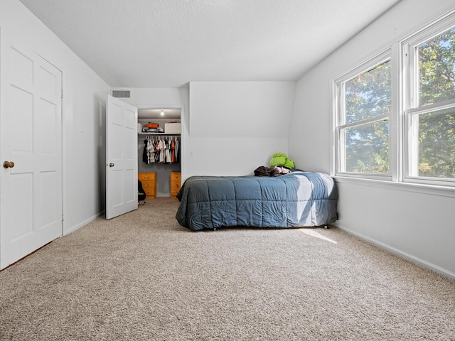 carpeted bedroom with a walk in closet and a closet