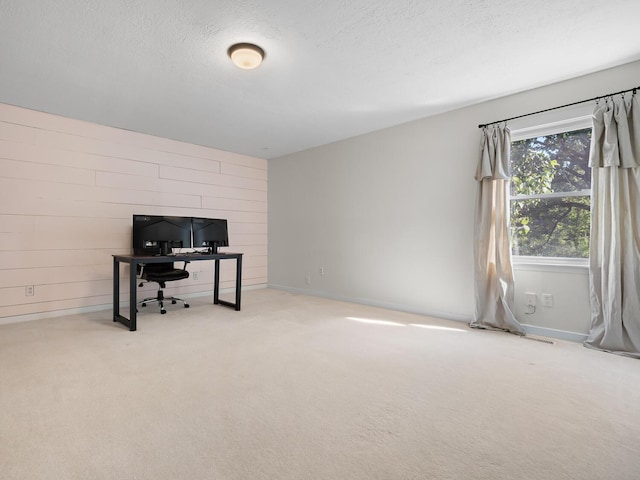 carpeted office featuring wood walls